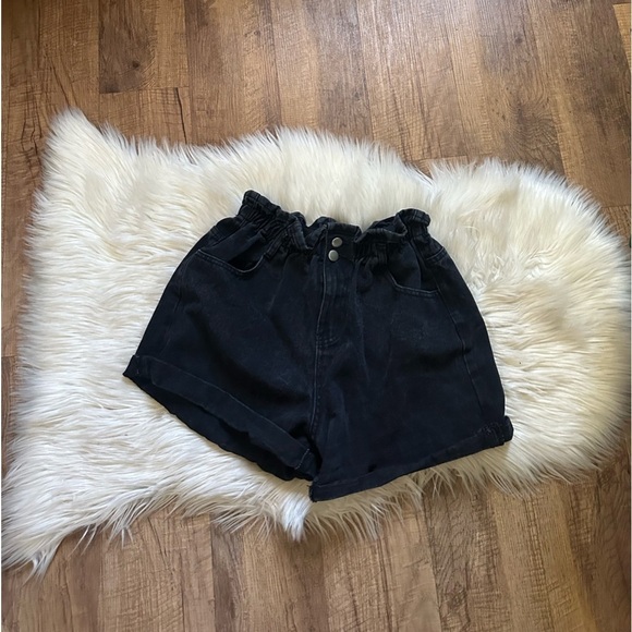 PRINCESS POLLY Open Road Denim Paper Bag Shorts In Washed Black - Picture 3 of 5